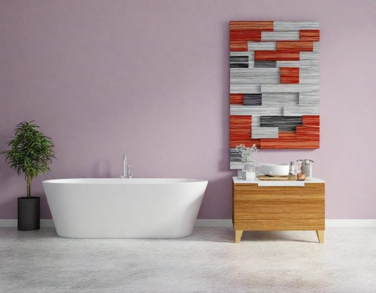 Salle de bain moderne avec baignoire blanche, meuble en bois et tableau coloré.