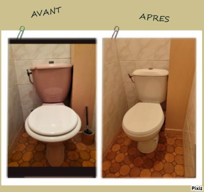 Toilettes avant et après rénovation, changement de couleur et de style.