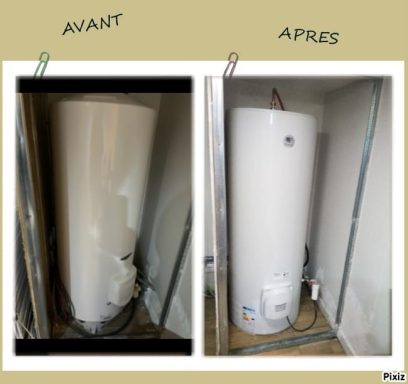 Chauffe-eau électrique avant et après son installation, avec une finition propre.