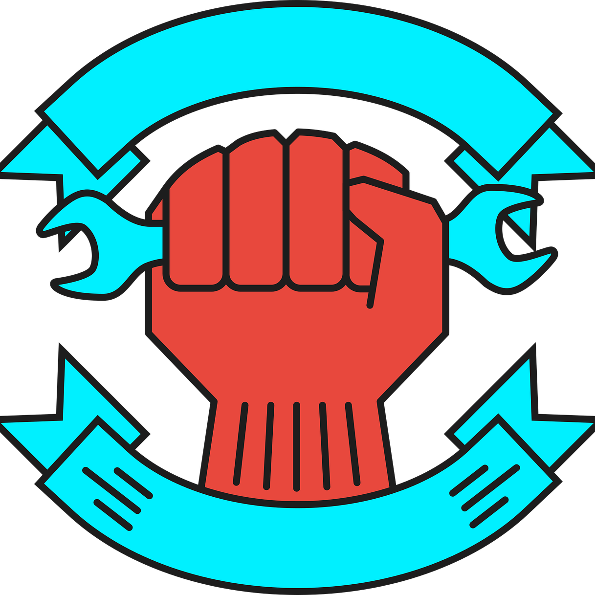 Main rouge tenant une clé à molette, entouré d'un cercle bleu et de rubans.