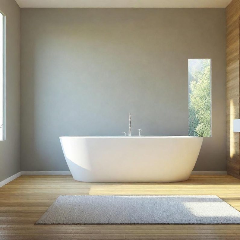 Salle de bains moderne avec baignoire blanche, murs gris et lumière naturelle.