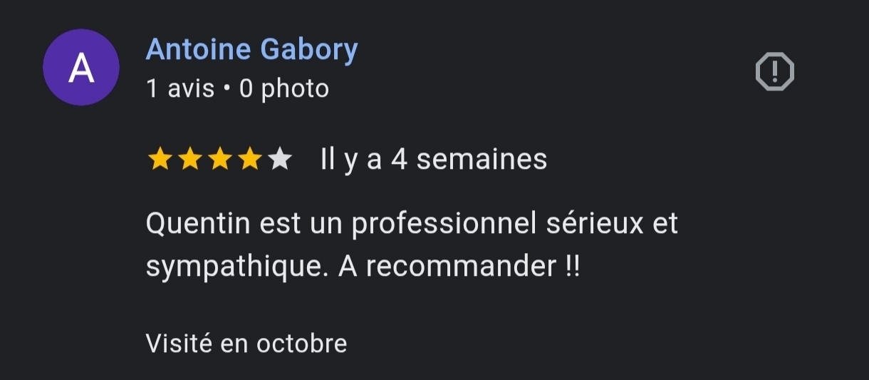 Avis client QGPlomberie Évaluation positive d'un professionnel, recommandé pour son sérieux et sa sympathie.