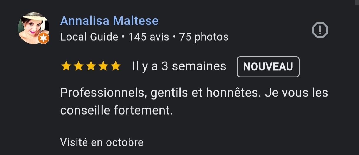 Avis client certifié Google et QGP 5 étoiles Commentaire positif d'un utilisateur concernant un service, évalué cinq étoiles.
