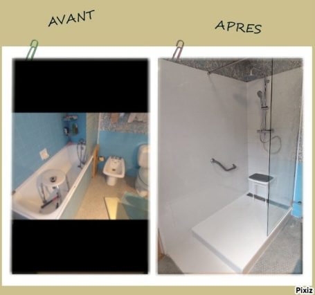 Salle de bain avant et après rénovation, avec baignoire à douche moderne.