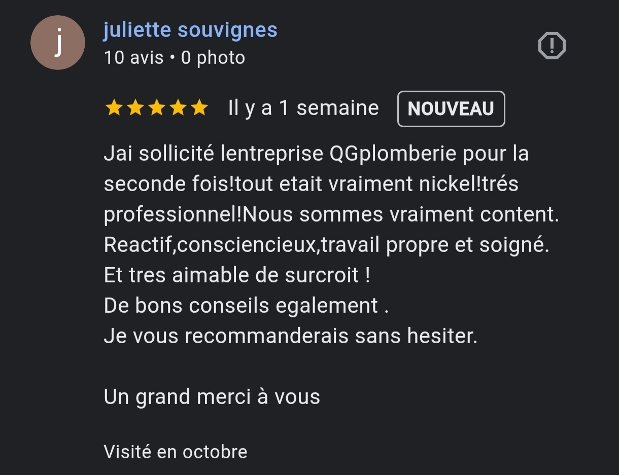 Avis client QGPlomberie 5 étoiles Avis d'un client satisfait sur une entreprise de plomberie, recommandé pour son travail.