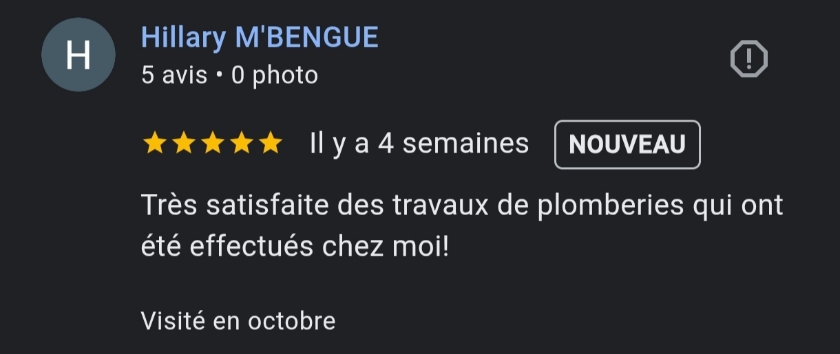 Avis 5 étoile client de QGPlomberie Commentaire d'utilisateur sur des travaux de plomberie effectués chez lui.